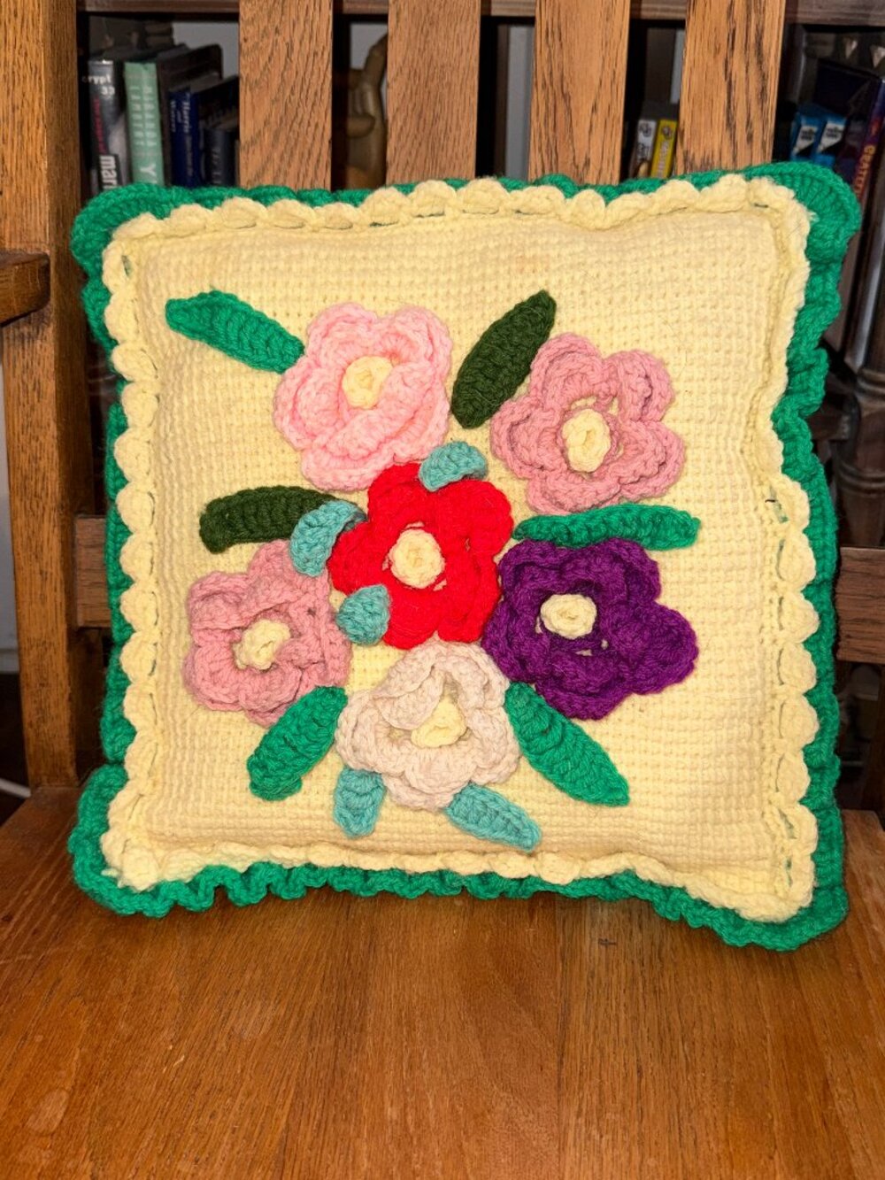 Granny Square Crochet Pillow Handmade 3D Roses Farmhouse Shabby Chic Pink Purple